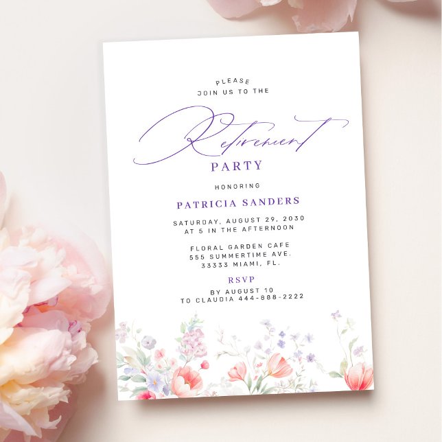 Invitation Fête de retraite florale à l'écriture élégante cla (Créateur téléchargé)