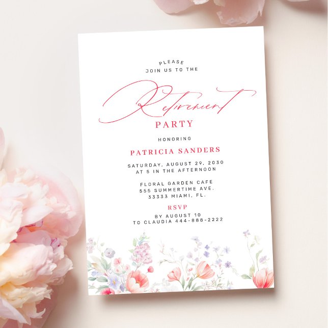 Invitation Fête de retraite florale à l'écriture élégante cla (Créateur téléchargé)