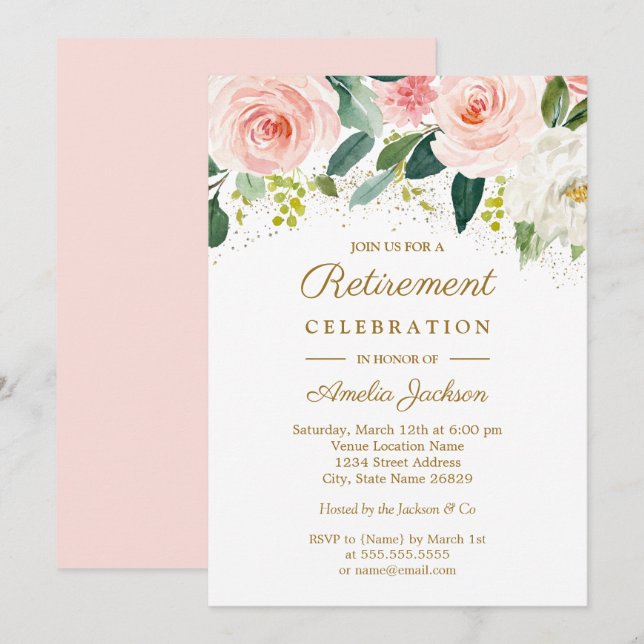 Invitation Fête de retraite florale aquarelle or rose (Devant / Derrière)