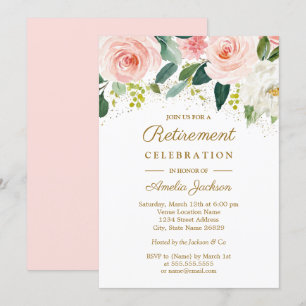 Invitation Fête de retraite florale aquarelle or rose