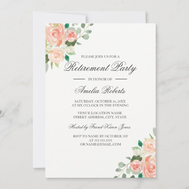 Invitation Fête de retraite florale aquarelle rose pêche (Devant)