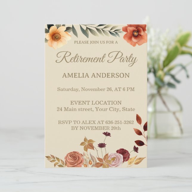 Invitation Fête de retraite florale aux feuilles d'aquarelle  (Debout devant)