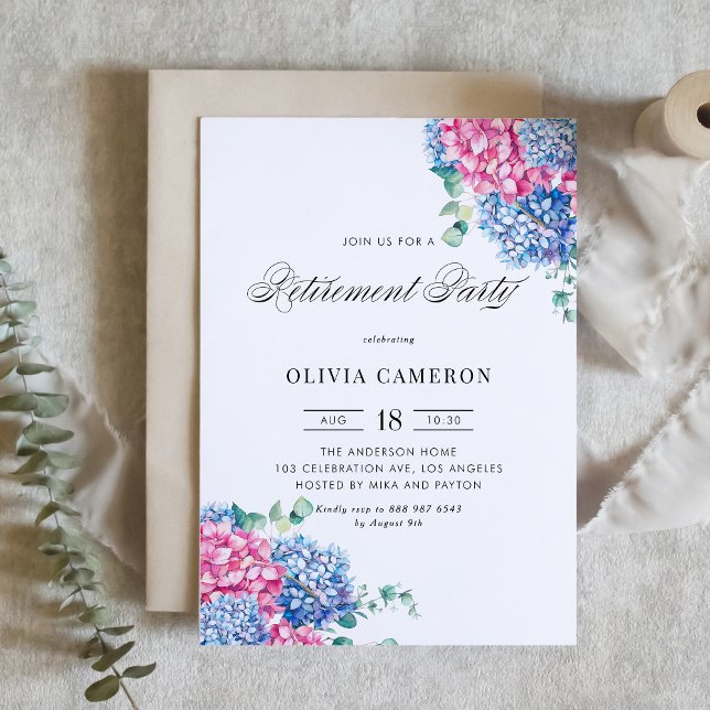 Invitation Fête de retraite florale avec des hortensias bleus (Watercolor Blue and Pink Hydrangea Floral Retirement Party Invitation)