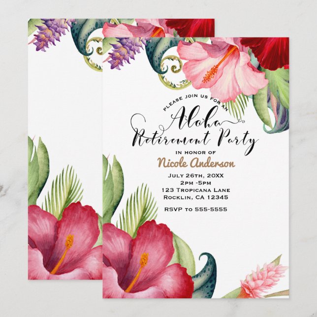 Invitation Fête de retraite florale botanique tropicale Aloha (Devant / Derrière)