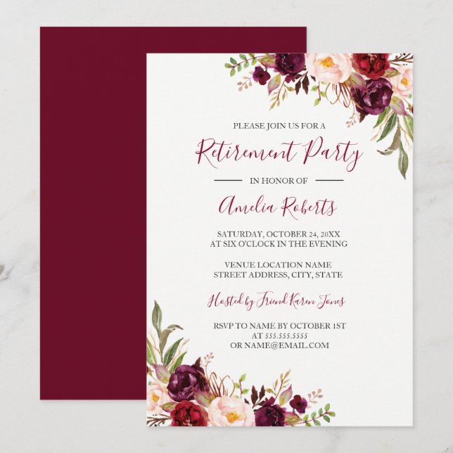 Invitation Fête de retraite florale Bourgogne rouge (Devant / Derrière)