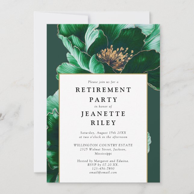 Invitation Fête de retraite florale élégante moderne verte (Devant)