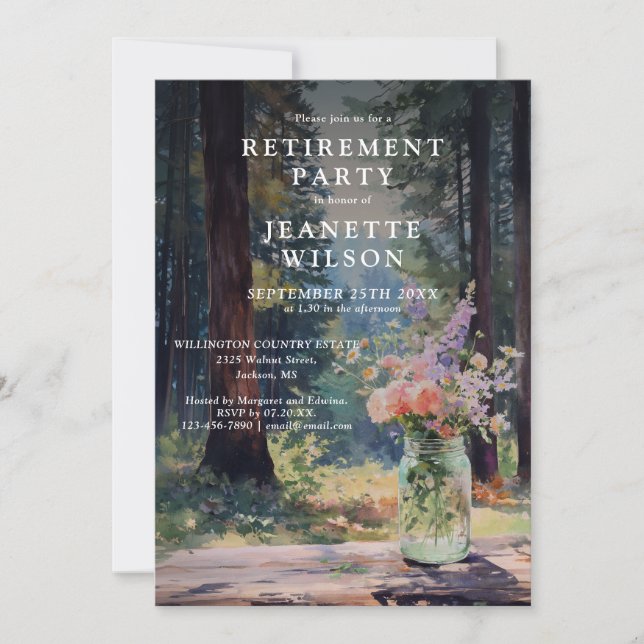 Invitation Fête de retraite florale forestière rustique aquar (Devant)