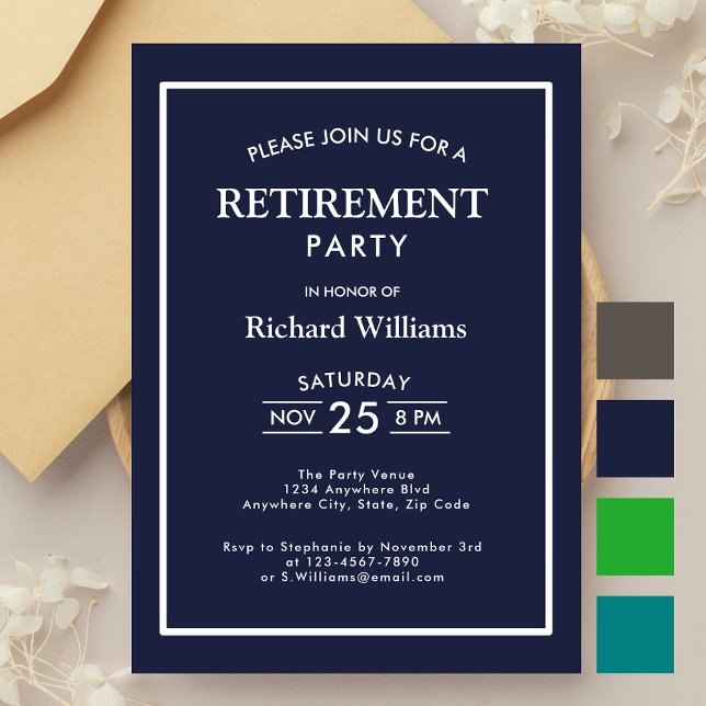Invitation Fête de retraite Formel Classique Bleu Blanc  (Créateur téléchargé)
