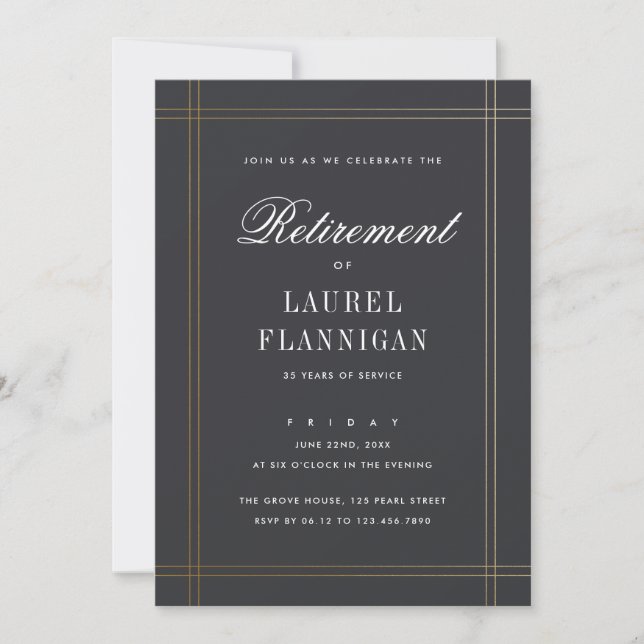 Invitation Fête de retraite formelle élégante noire et or (Devant)