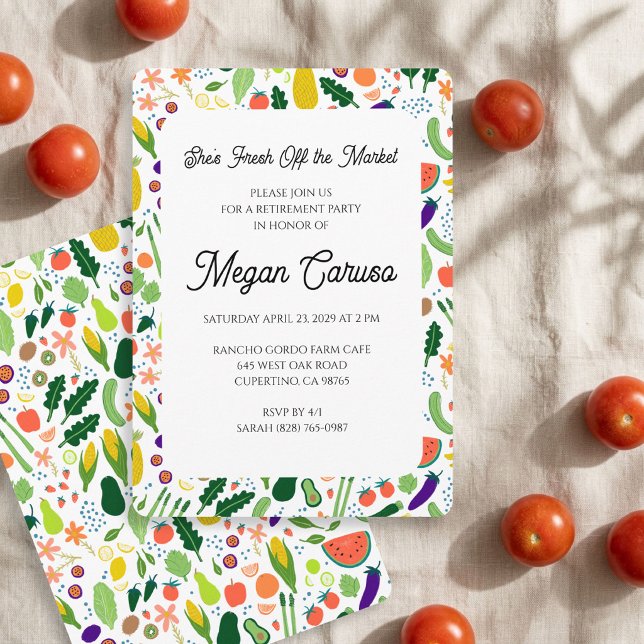 Invitation Fête de retraite FRAIS DU MARCHÉ SUR MESURE  (Retirement Party FRESH OFF THE MARKET CUSTOM Hand-drawn Fruits Vegetables Invitation
)