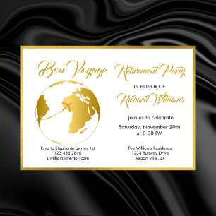 Invitation Fête de Retraite Globe Bordure Dorée Bon Voyage