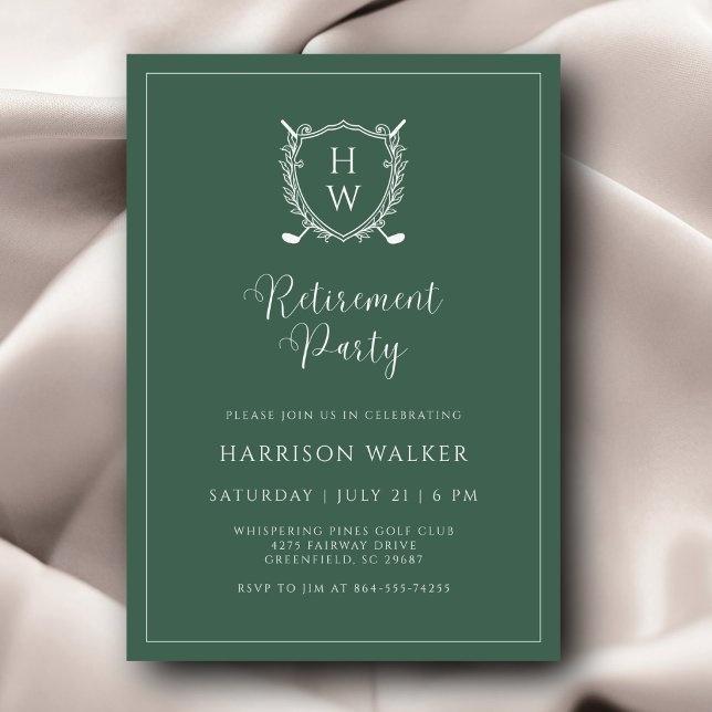 Invitation Fête de Retraite Golf Crest Écriture Élégante Saug (A refined golf club vibe with modern elegance. Custom monogram adds a personal finishing touch.)