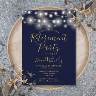 Invitation Fête de retraite : guirlande lumineuse bleue marin