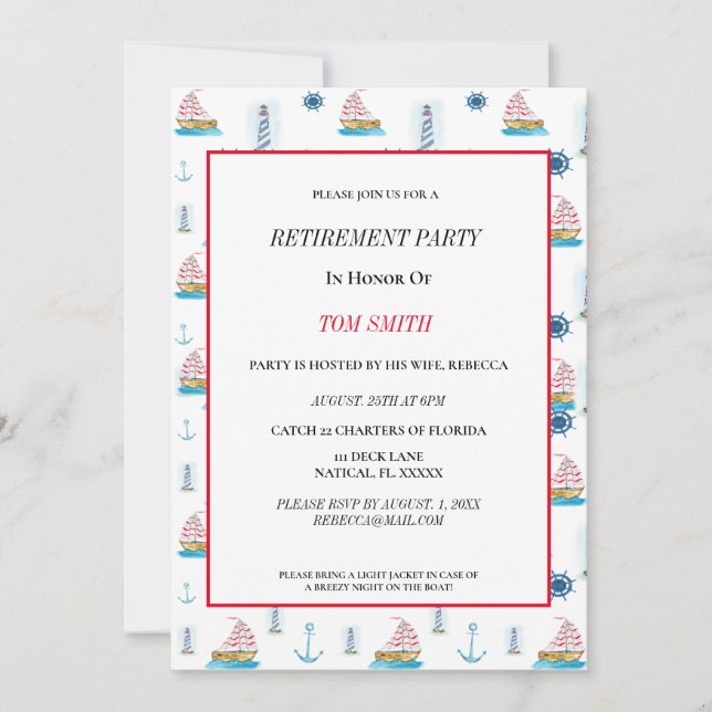Invitation Fête de retraite joyeuse aquarelle nautique (Devant)