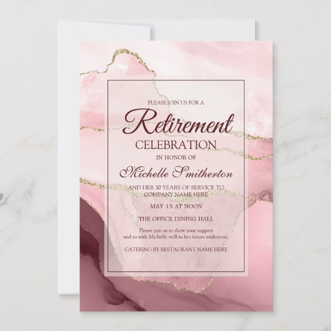Invitation Fête de retraite Marbre Agate Bourgogne Rose Or (Devant)