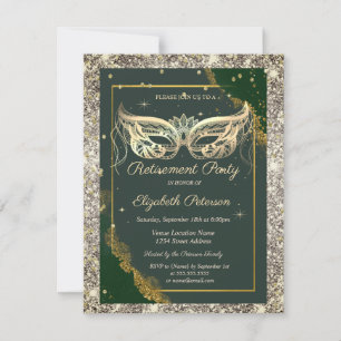 Invitation Fête de retraite Mascarade Dorée Paillettes Vertes