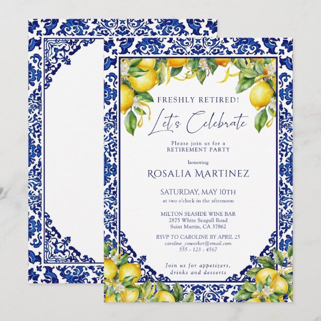 Invitation Fête de retraite méditerranéenne au citron Carrela (Devant / Derrière)