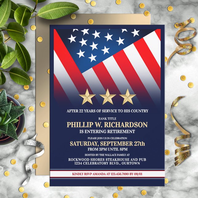Invitation Fête de retraite militaire trois étoiles d'or (Créateur téléchargé)
