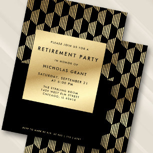 Invitation Fête de retraite moderne noir et or faux feuille