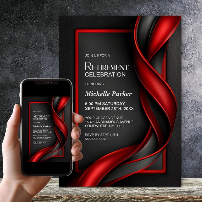 Invitation Fête de retraite moderne noire et rouge (Créateur téléchargé)