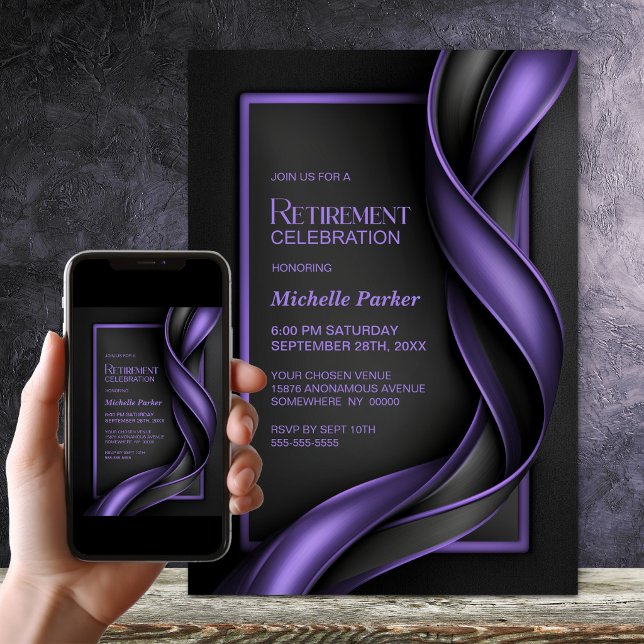 Invitation Fête de retraite moderne noire et violette (Créateur téléchargé)