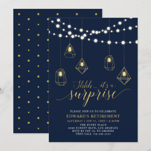 Invitation Fête de retraite moderne surprise or et bleu marin