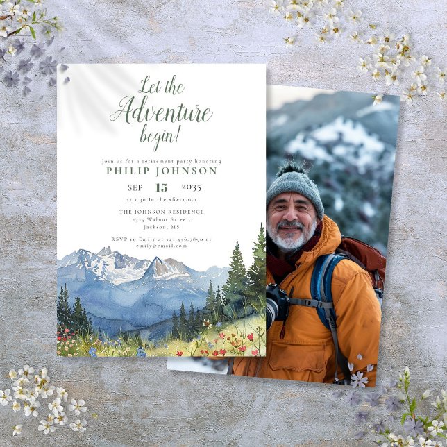 Invitation Fête de retraite montagne : Que l'aventure commenc (Let The Adventure Begin Mountain Retirement Party Invitation)