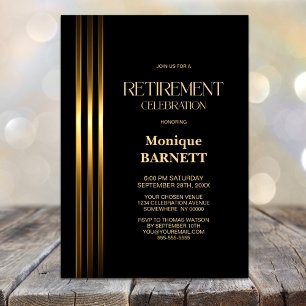 Invitation Fête de retraite Noir avec des bandes dorées