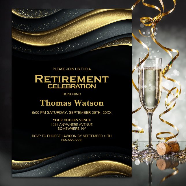 Invitation Fête de retraite noir et or (Créateur téléchargé)
