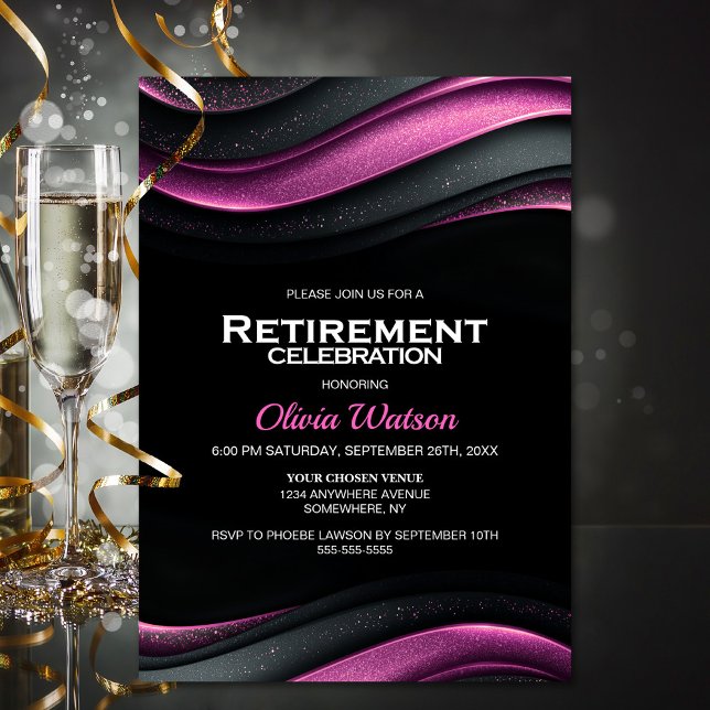 Invitation Fête de retraite noir et rose (Créateur téléchargé)