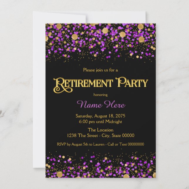 Invitation Fête de retraite pailletée de pourpre et d'or (Devant)