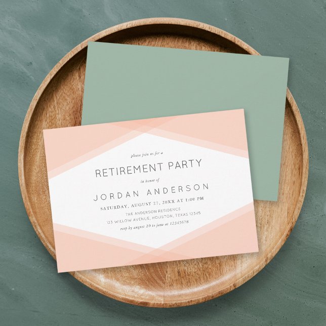 Invitation Fête de retraite Peach Layer Geometric Light Sage (Créateur téléchargé)