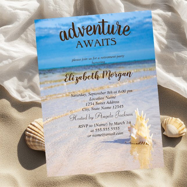 Invitation Fête de retraite Plage adorable, Vagues, Coquillag (Créateur téléchargé)