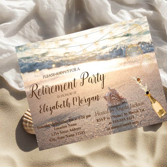 Invitation Fête de retraite Plage, Coquillage, Vin (Créateur téléchargé)