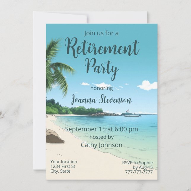 Invitation Fête de retraite Plage tropicale Palmiers (Devant)