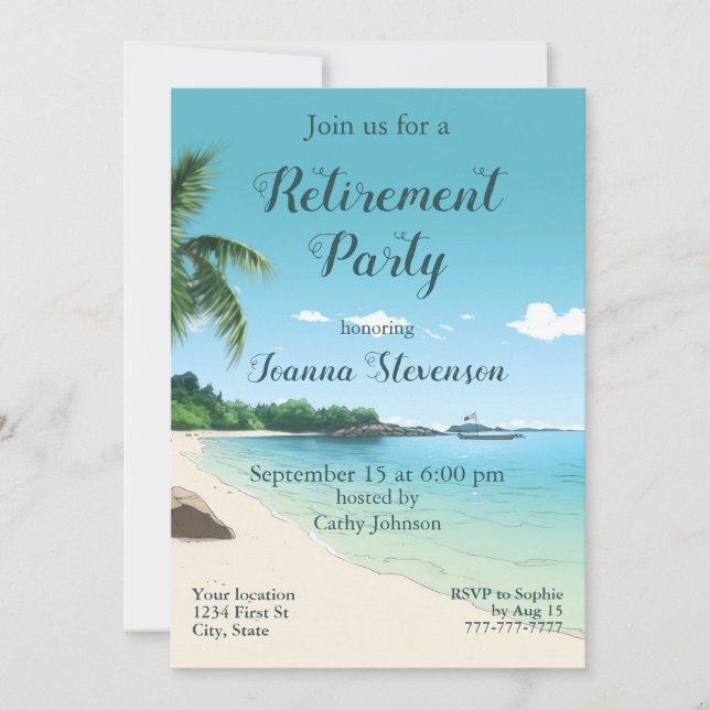 Invitation Fête de retraite Plage tropicale Palmiers (Devant)