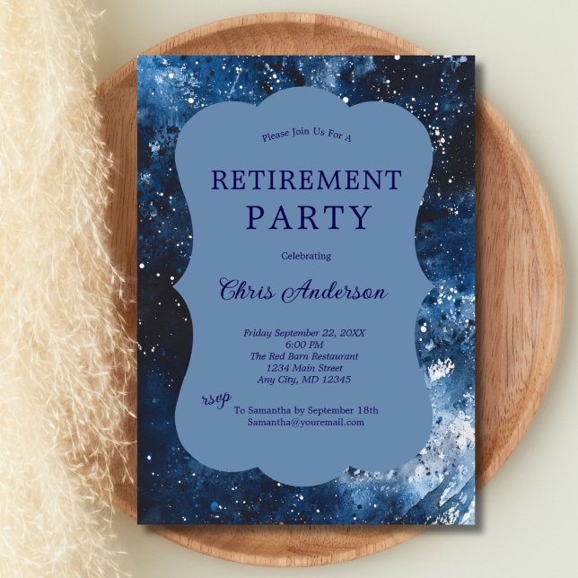 Invitation Fête de retraite professionnelle moderne aquarelle (Blue watercolor texture modern retirement party invitation for him or her. Printed or Digital )