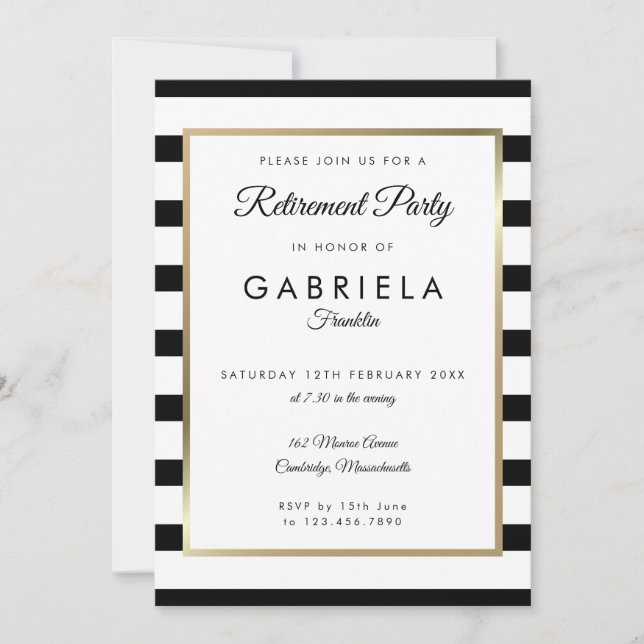 Invitation Fête de Retraite Rayure Noir Blanc Photo Or (Devant)