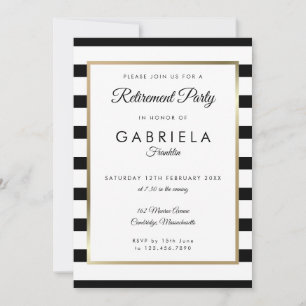 Invitation Fête de Retraite Rayure Noir Blanc Photo Or