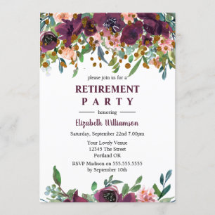 Invitation Fête de retraite rose floral et burgundy