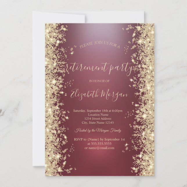 Invitation Fête de retraite rouge diamants scintillants or (Devant)