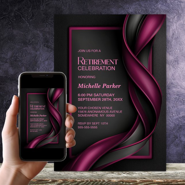 Invitation Fête de retraite rouge mûre et noir moderne (Créateur téléchargé)