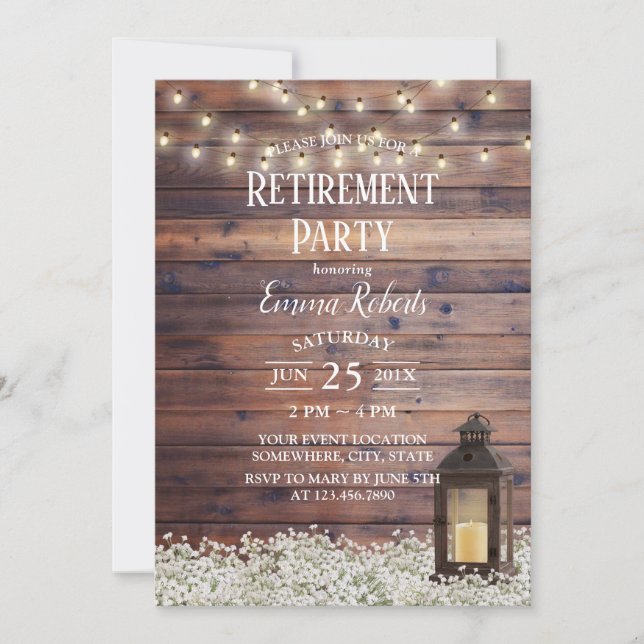 Invitation Fête de retraite Rustic Barn Lantern String (Devant)