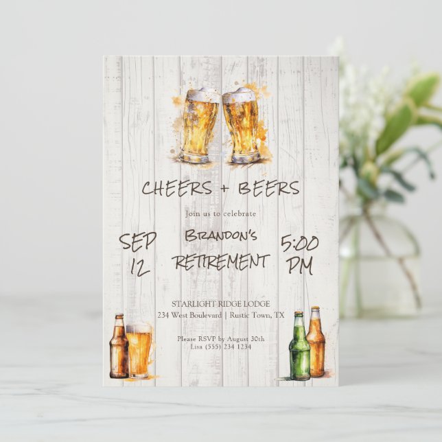 Invitation Fête de retraite Rustique Cheers and Beers (Debout devant)
