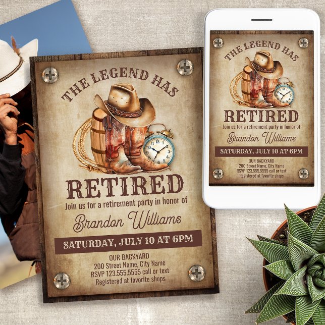 Invitation Fête de retraite rustique Cowboy de campagne retra (Créateur téléchargé)