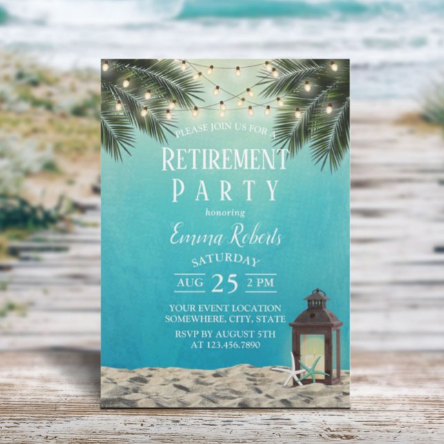 Invitation Fête de retraite Rustique Lantern Beach Palm Trees (Créateur téléchargé)