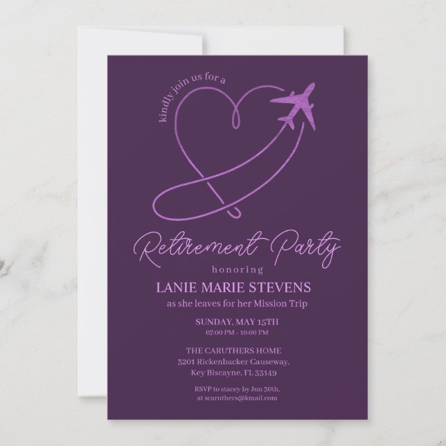 Invitation Fête de retraite simple Cœur Violet uni (Devant)