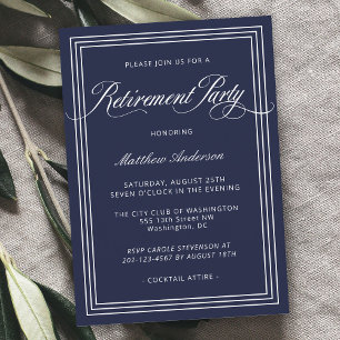 Invitation Fête de retraite simple élégante bleu marine