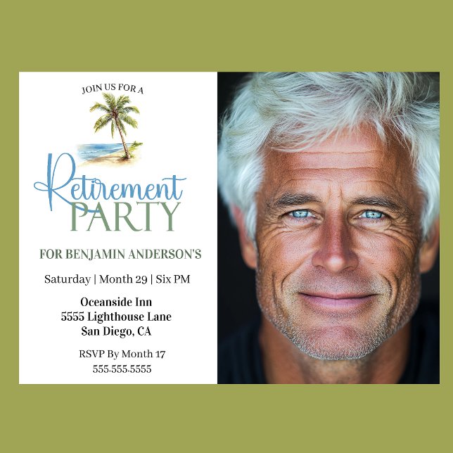 Invitation Fête de retraite sous les palmiers de la plage (Tropical beach Retirement  Party invitation with watercolor palm tree )