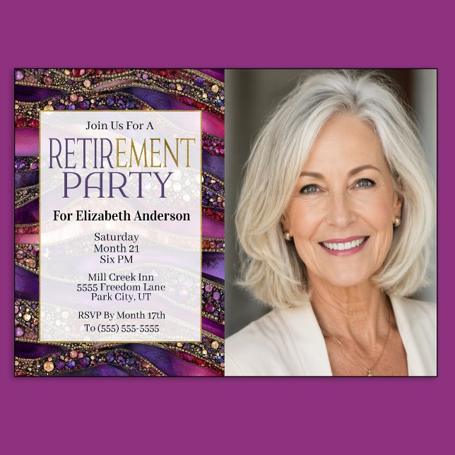 Invitation Fête de retraite Strates Bijoux Or Violet (Purple and Gold Jeweled Strata Patterned Retirement Party Invitation For Women)